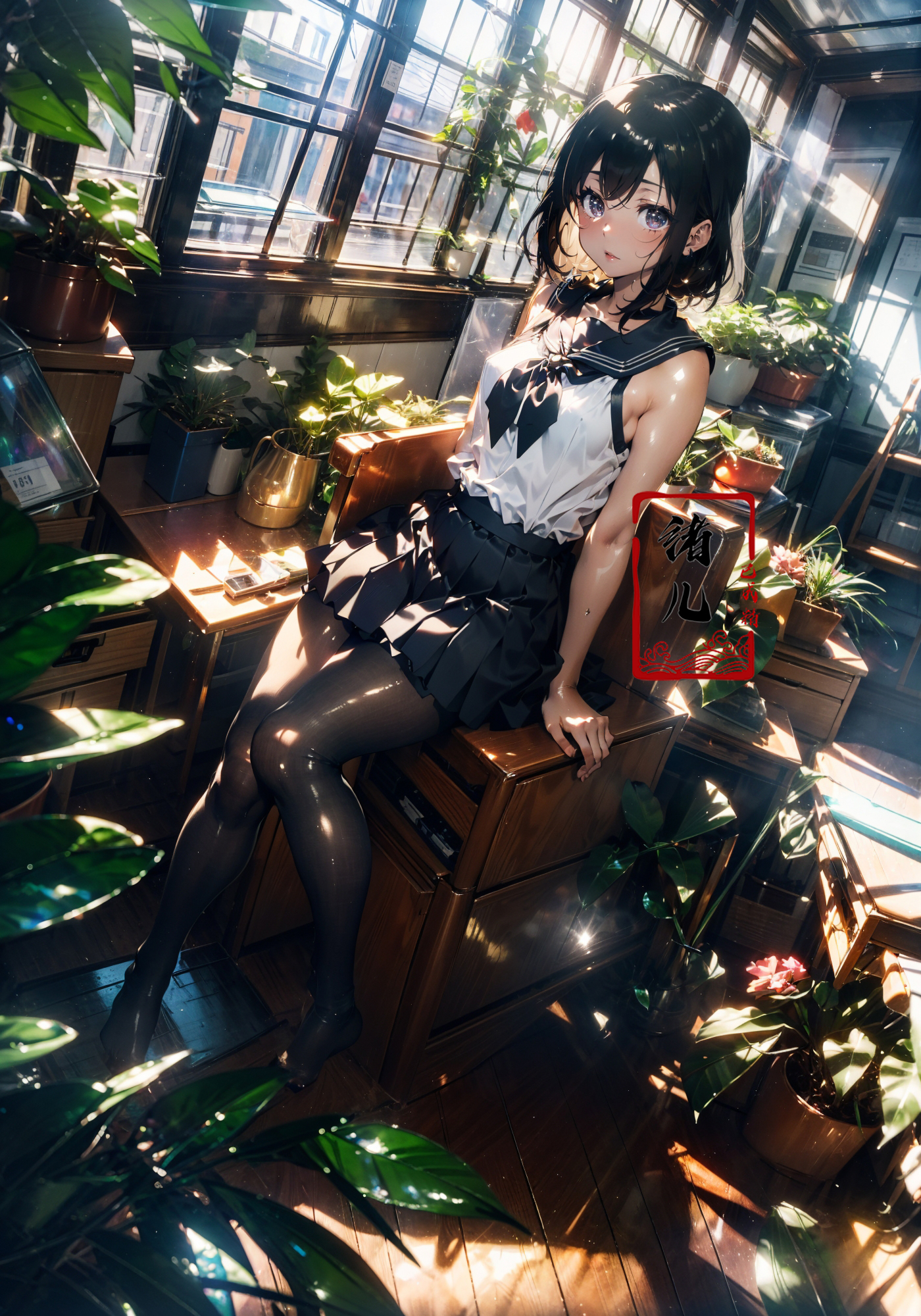 606247209521969382-571521377-Epic CG masterpiece, an anime girl in a room with plants, no shoes, Black transparent pantyhose, pleated skirt, Sailor suit, sai.jpg